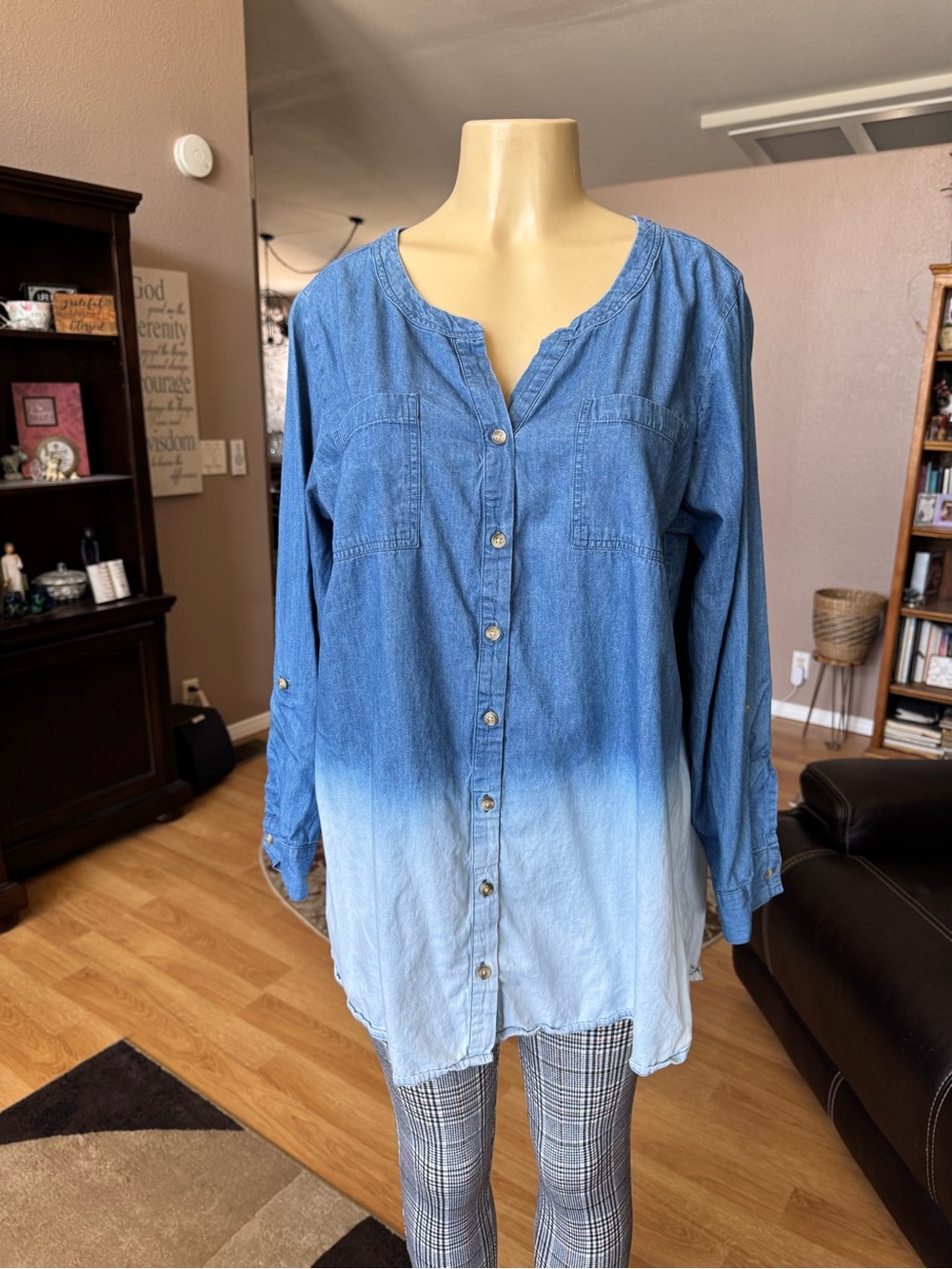 Denim Moves blue ombré long roll tab sleeves V-neck button up tunic-1X